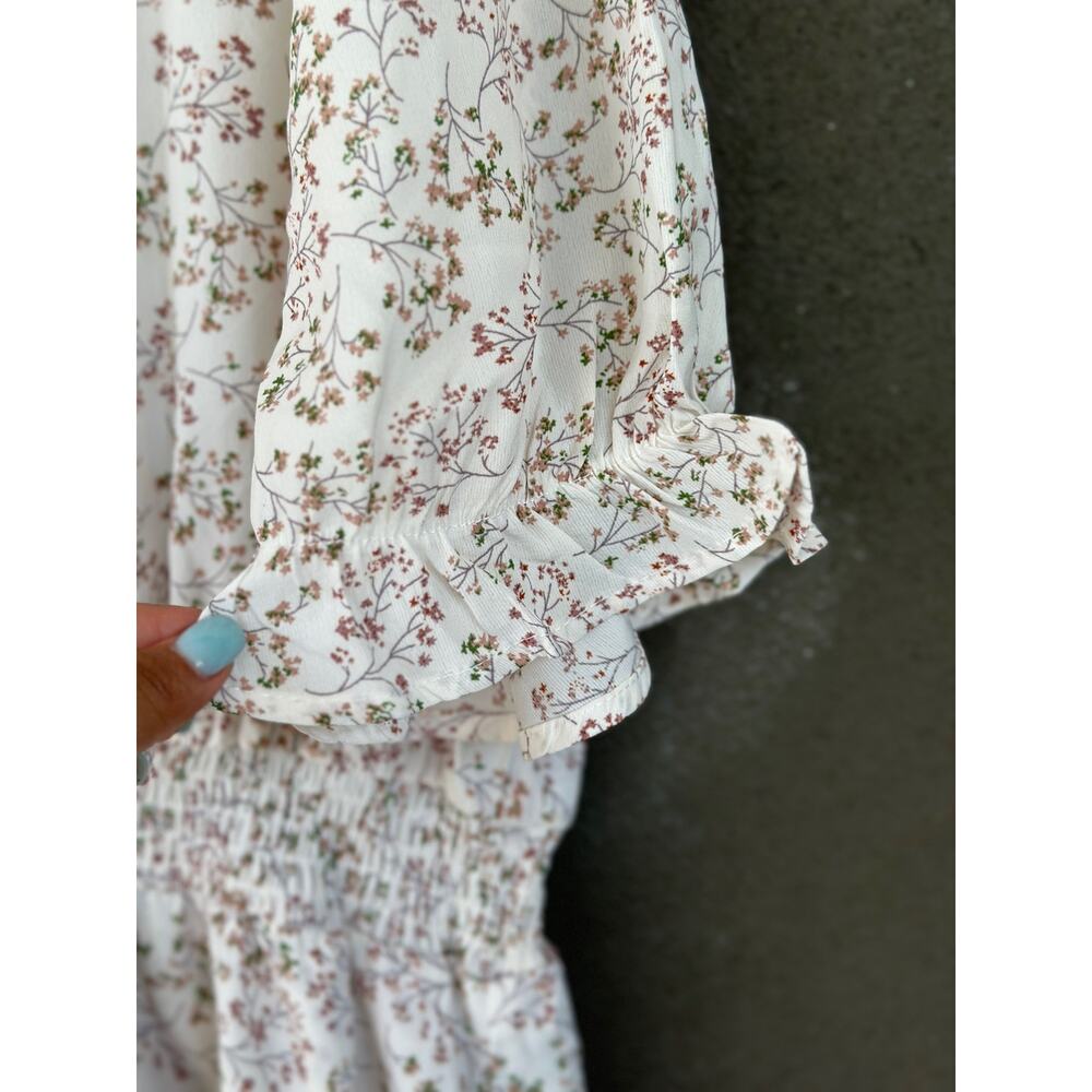 Hayden Los Angeles 1XL White Floral Smock Waist Mini Dress Lined Ruffle HighNeck - Picture 8 of 11